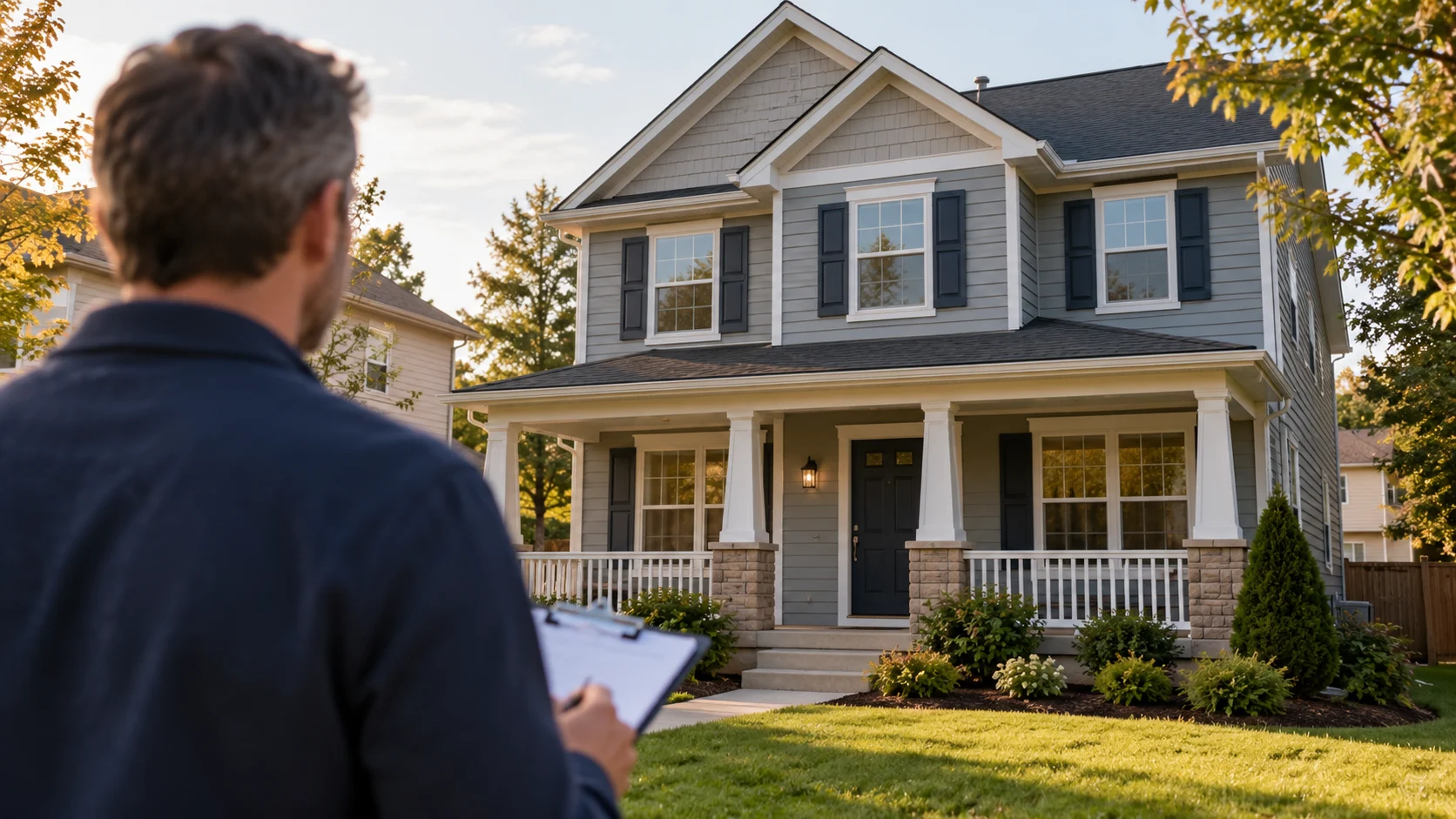 Illustrative property owner observing a fictional single-family rental home with a clipboard.