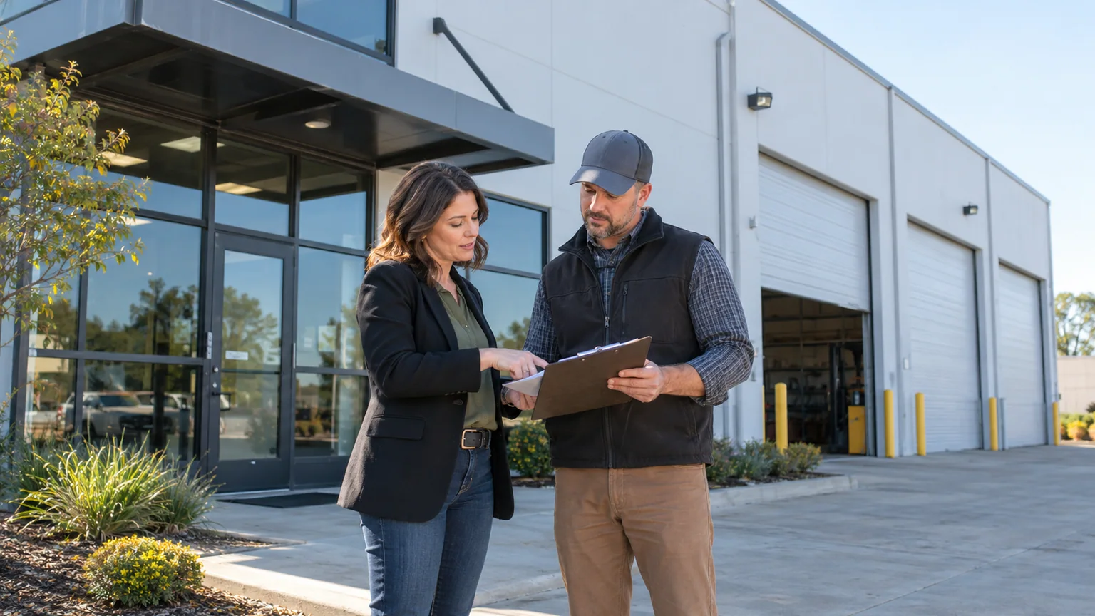 Business owner and operations manager reviewing plans outside a commercial building