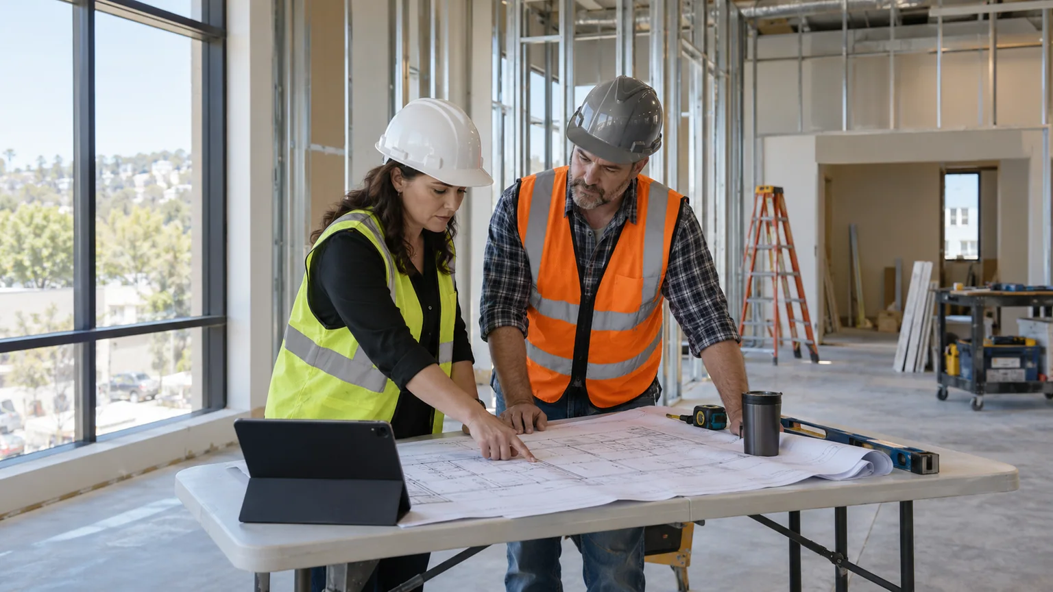 Business owner and project manager reviewing a commercial renovation plan