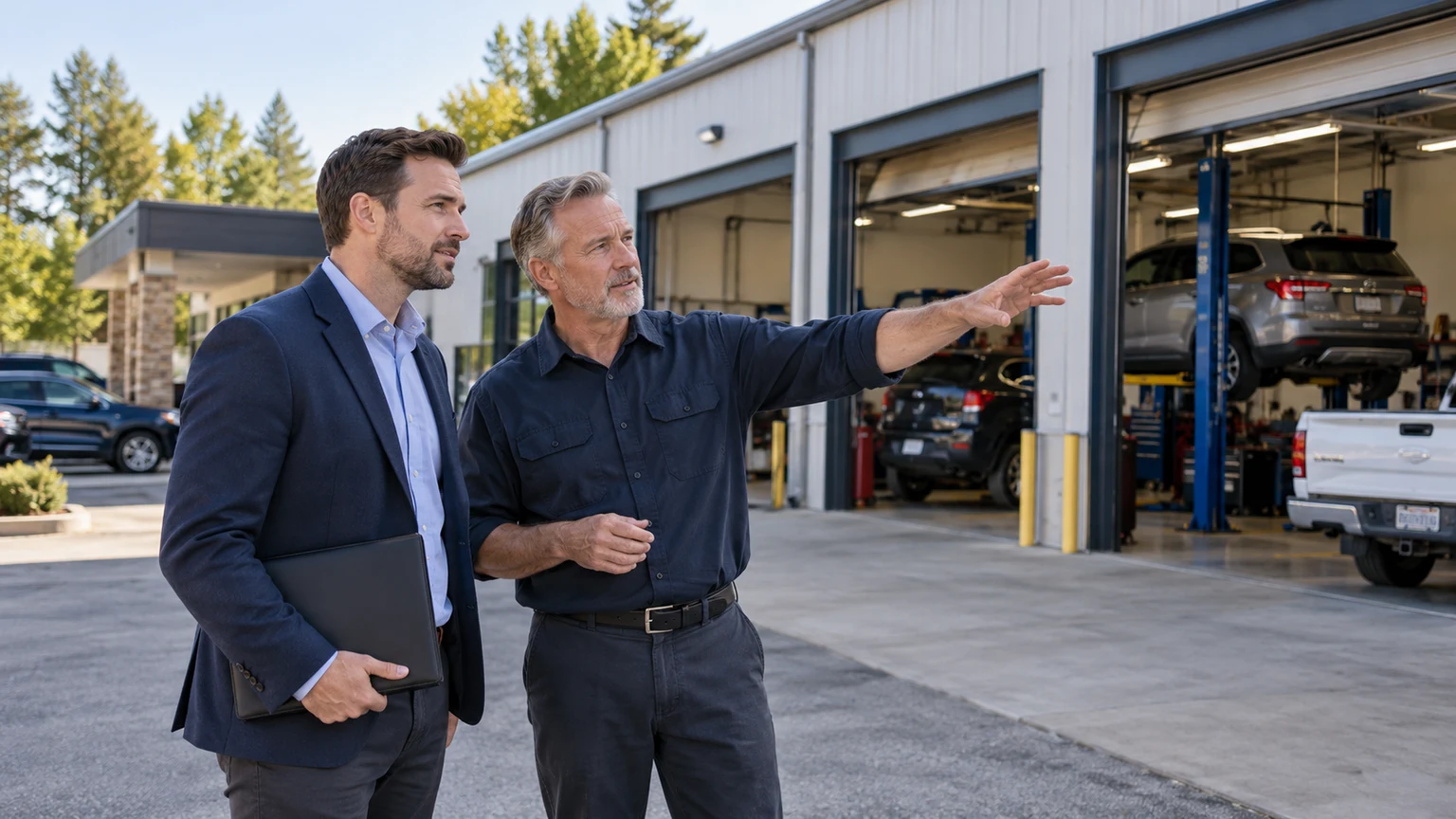 Buyer and owner examining an operating auto repair business and its commercial building