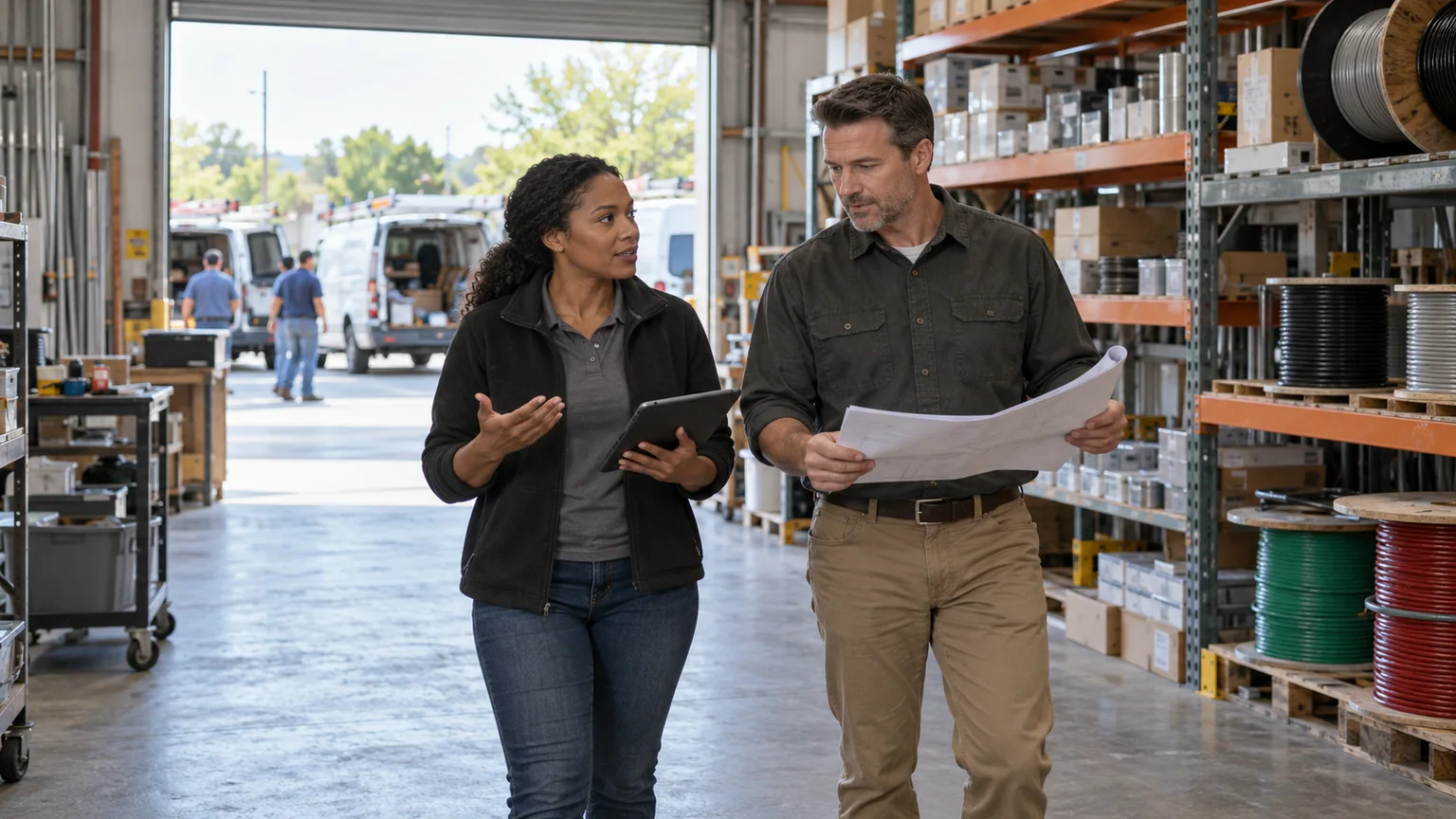 Contractor business owners discussing operations during an acquisition review