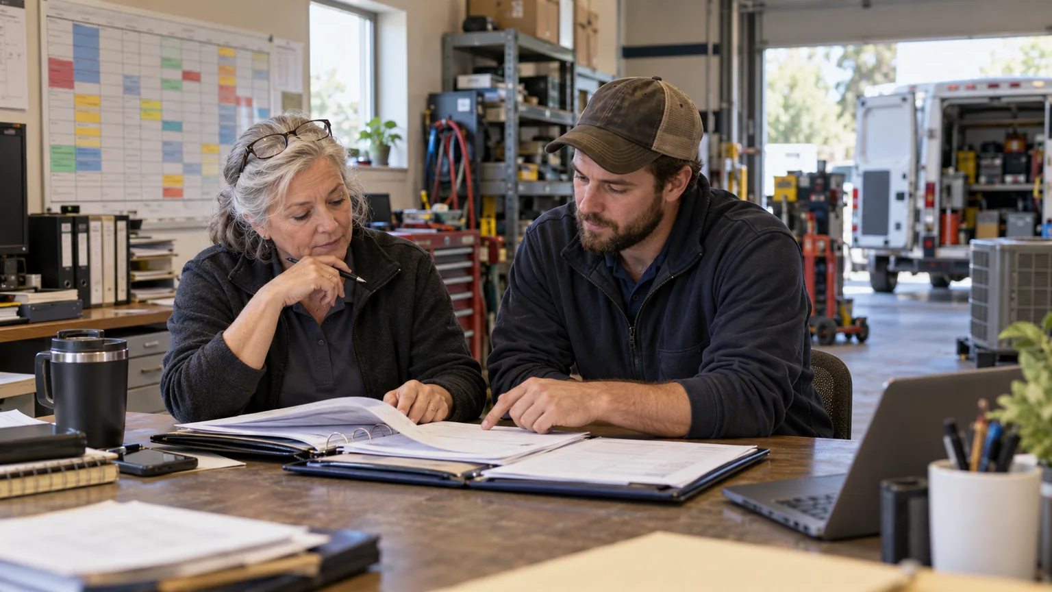 Long-tenured employee and business owner reviewing a service company transition
