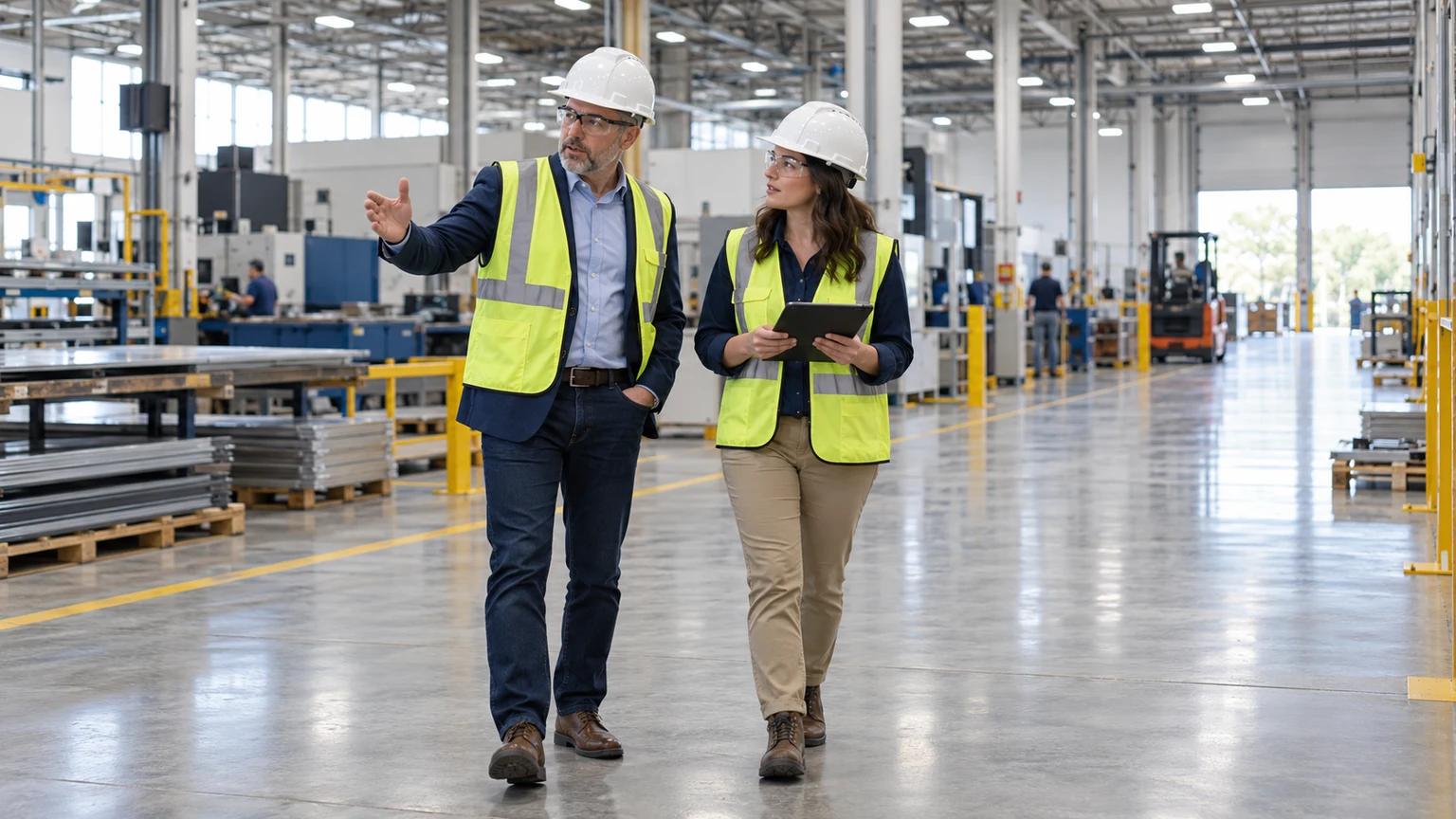 Business owner and project manager touring a larger light-industrial facility