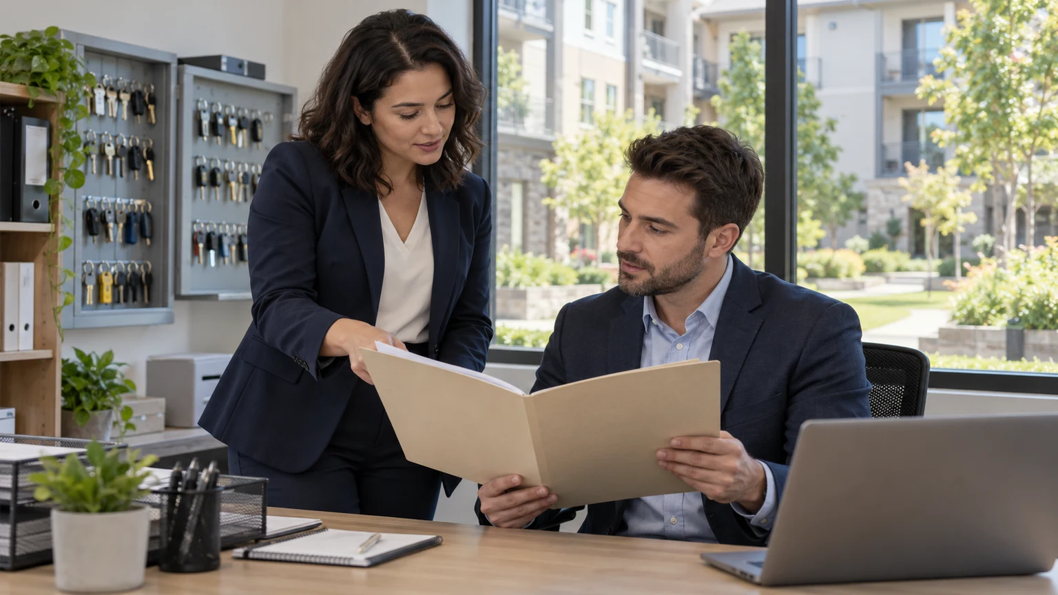 Property management professionals reviewing a portfolio in a neighborhood management office